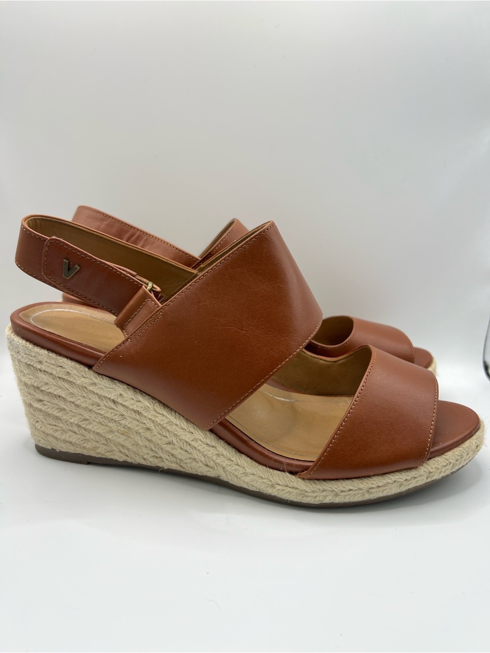 Vionic Tulum Brooke Leather Adjustable Espadrille Wedge Sandals, Cognac/9 Wide
